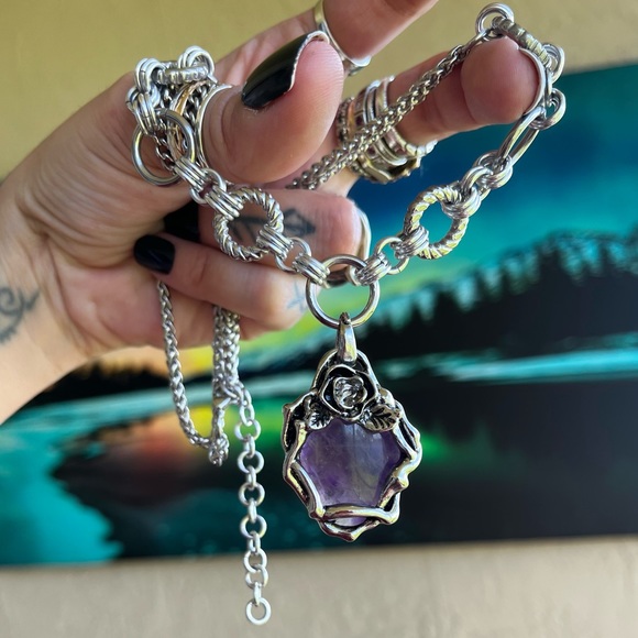 SOLD ON DEP steel necklace double chain purple amethyst gemstone flower charm - Picture 2 of 11